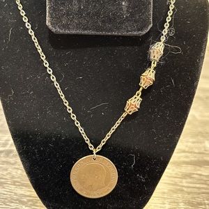 19” Napoleon III coin necklace.  Brass and carnelian.